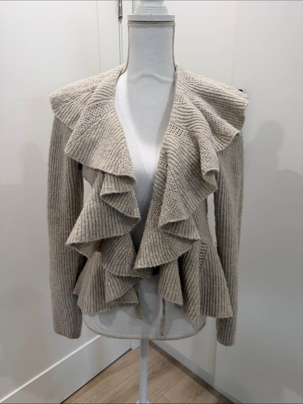 Camila Coehlo Beige Ruffle Front Peplum Women's Sweater Cardigan